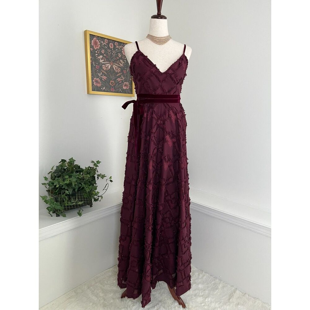 Badgley Mischka Burgandy Fairytale Dress with Velvet Belt Hidden Pockets - Picture 4 of 11